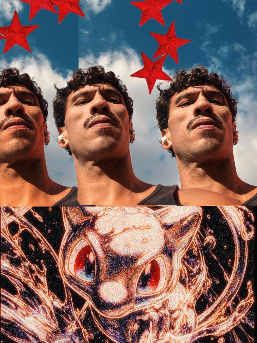 Colagem com retratos triplicados de Glen Lobo sob céu azul e estrelas vermelhas