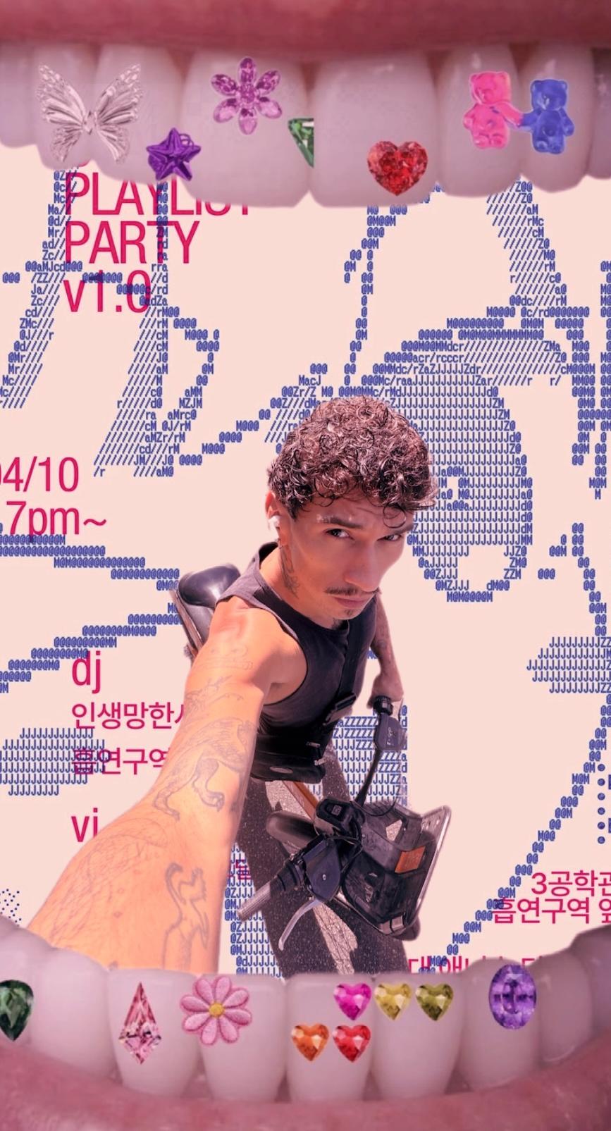 Arte de festa com Glen Lobo, ASCII art e cristais coloridos sobre fundo rosa